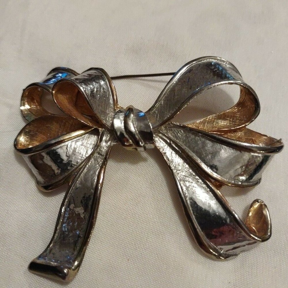 Large Gold & Silver Tone Bow Brooch Pin vintage